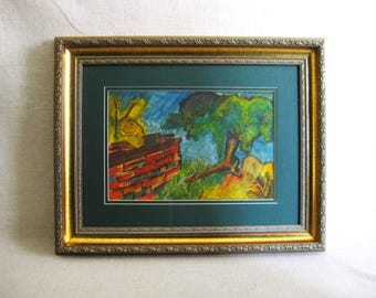 Colorful Landscape Painting, Original Framed Watercolor, Vintage Mid-Century Wall Art