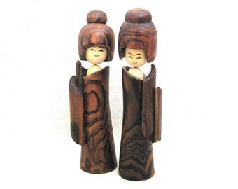 Vintage Kokeshi Dolls, Hand Carved Cryptomeria Wood, Mid-Century Asian Décor