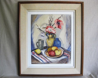 Large Colorful Still Life Painting Watercolor, Original Framed Mid Century Wall Art