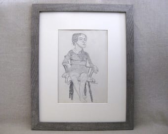 Outsider Female Portrait Drawing, Framed Original Vintage Folk Wall Art, Earle T Merchant