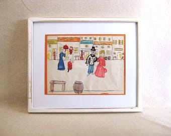 Folk Art Portrait Watercolor Painting, Male Female Figural Original, Framed Vintage Wall Art Naïve Primitive Décor