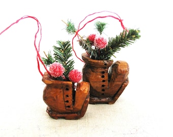 Folk Art Boot Christmas Tree Ornament, Miniature Holiday Wooden Sculpture, Primitive Rustic Décor
