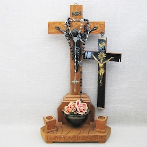 Folk Art Standing Cross, Rosary Wooden Crucifix, Religious Home Altar Décor