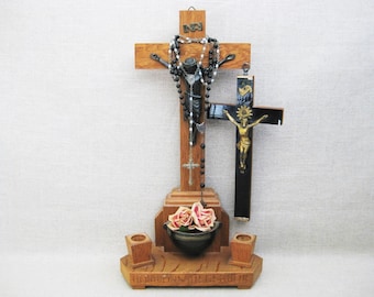 Vintage Standing Cross with Rosary Wooden Crucifix Religious Home Altar Décor