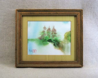 Lakeside Shoreline Landscape Watercolor Painting, Original Woodland Nature Framed Wall Art Rustic Cabin Décor, Small Hostess Gift