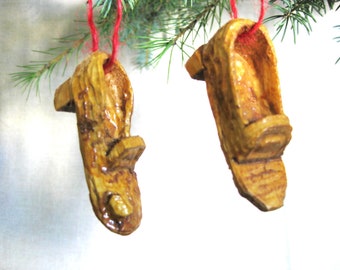 Folk Art Tree Ornament Christmas, Miniature Holiday Wooden Shoe Sculpture, Primitive Rustic Home Décor and Hostess Gift