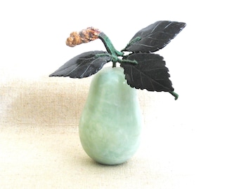Pear Carved Stone with Leaves Paperweight, Vintage Art and Floral Supply Housewarming Hostess Gift