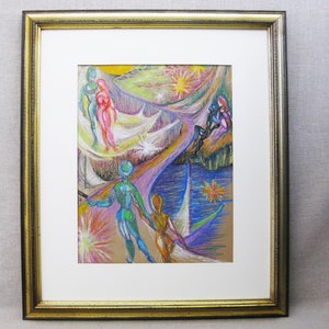 Surreal Female Portrait Drawing, Original Pastel Chalk Framed Vintage Wall Art by Hilda Wilson Chicago Artist