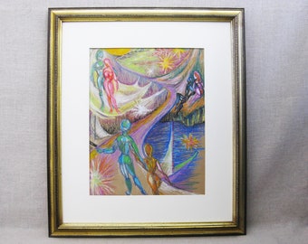 Surreal Female Portrait Drawing, Original Pastel Chalk Framed Vintage Wall Art by Hilda Wilson Chicago Artist