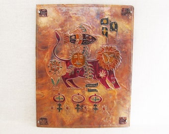 Lion Copper Embossed Relief Panel, Vintage Wall Art Metal Home Décor Animals, Gift for Leo