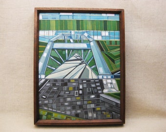 Original Abstract Landscape Painting of Architectural Bridge Fine Art Wall Décor, Cubism Framed in Modern Wooden Frame