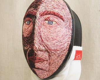 Female Bust Portrait Sculpture, Fiber Art, Hand Embroidery, Vintage Fencing Mask, Original Fine Art