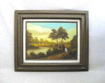 Dark Moody Landscape Painting w People, Original Framed Vintage Architecture Wall Art Home Décor
