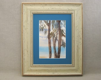 Tropical Landscape Painting, Original Watercolor Framed Vintage Coastal Home Décor