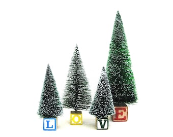 Collection Vintage Bottle Brush Trees on Antique Wooden Alphabet Blocks L O V E Christmas and Holiday Décor Mantle