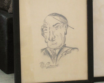 Vintage Male Portrait Drawing, Caricature, Pencil on Paper, Original Fine Art, Framed