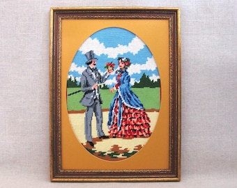 Vintage Needlepoint Portrait of Couple, Framed Victorian Style Wall Art, Textile Home Décor