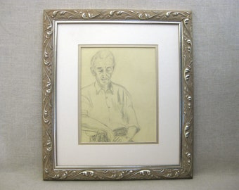 Original Male Portrait Drawing Framed Vintage Wall Art Masculine Housewarming Gift