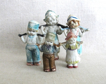 Vintage Bisque Dutch Figurines, Collection Blue and White Ceramic Miniatures, Marked Japan