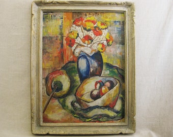 Large Vintage Flower Painting Floral Still Life Original Framed in Wide Profile Wooden Period Frame