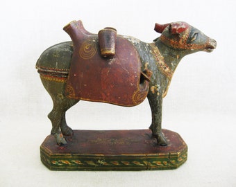 Nandi Vintage Folk Art Bull Carving Sculpture from India Animal Figures Rustic Cabin and International Décor