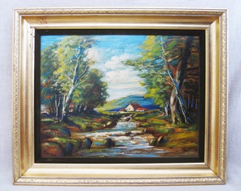 Large Vintage Landscape Painting of Woodland Cabin Framed Original Fine Art Rustic Décor