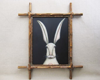 Rabbit Portrait Painting of White Hare Wildlife Original Framed Fine Wall Art in Rustic Eastlake Victorian Frame