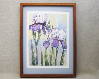 Vintage Floral Still Life Watercolor Painting Purple Irises Flower Wall Art Framed Original Cottage and Garden Décor