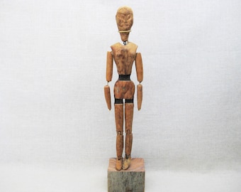 Folk Art Carved Jointed Doll, Wooden Female Portrait Figure, Vintage Primitive Toy Gift for the Collector