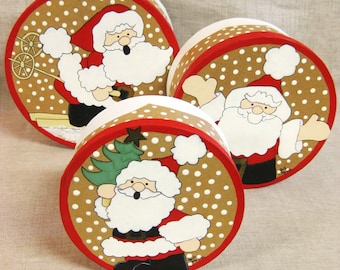 Christmas Nesting Boxes, Vintage Santa Claus Hand Painted, Round Gift Box Set of 3, Holiday Storage and Organization