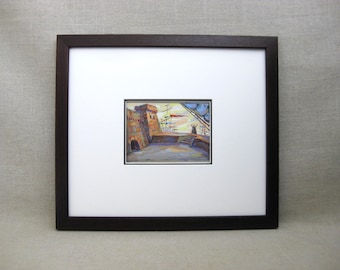 Vintage European Landscape Gouache Painting, Framed Original, Medieval Castle
