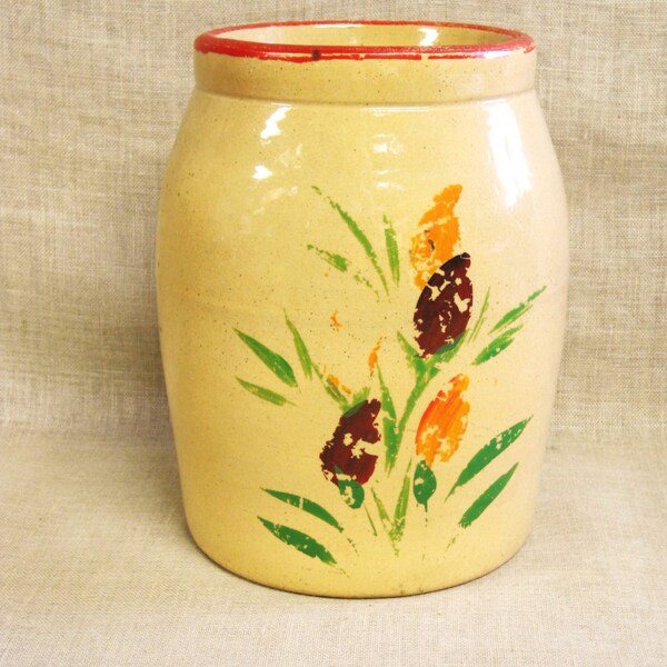 Antique Crock, Hand Painted, Crockware, Storage, Primitive Pottery, Ceramic, Kitchen, Spoon Holder, Flowers, Floral, Cream, USA, Tall