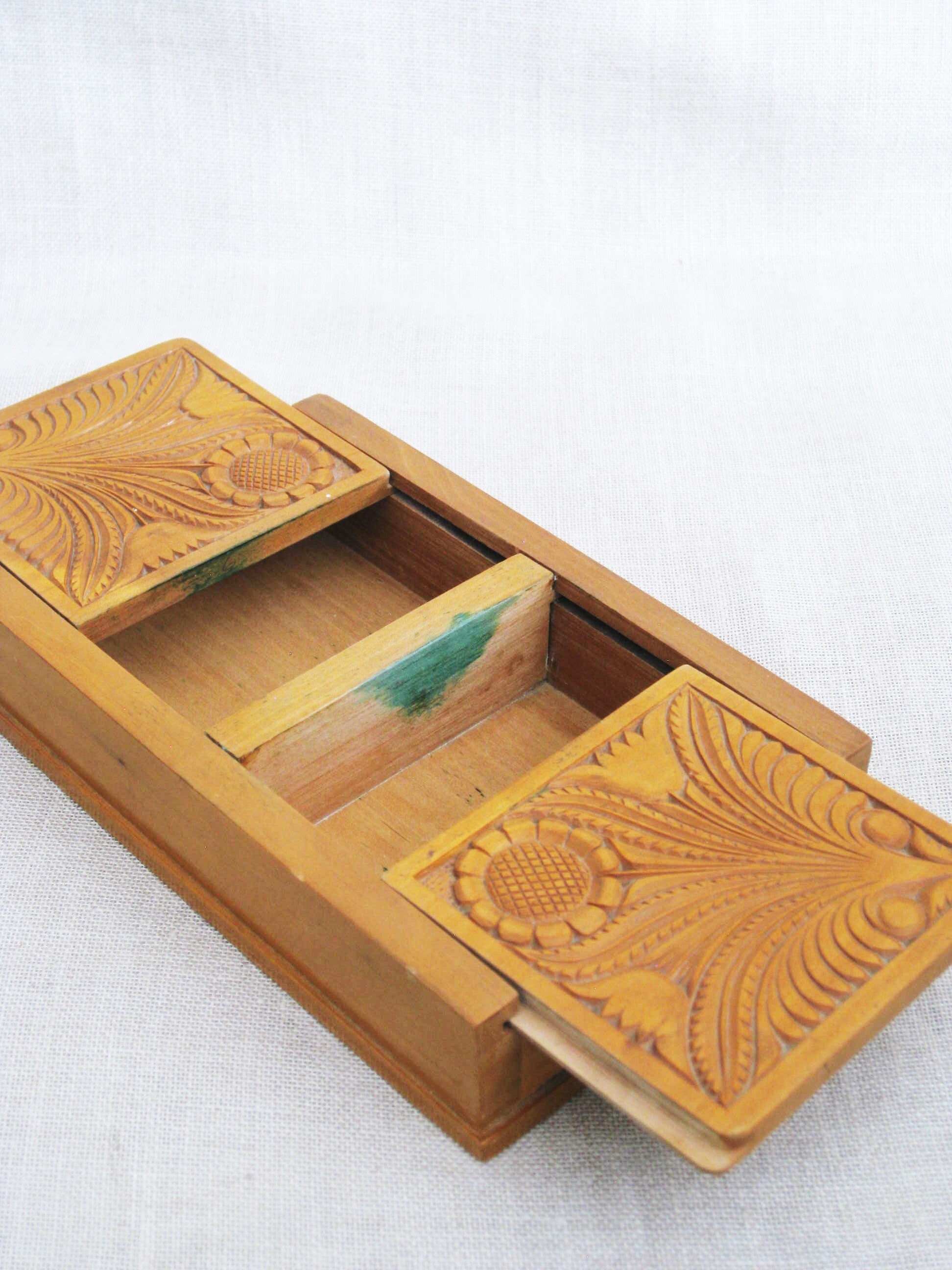 Antique Hand Carved Wooden Box, Desk Top Storage, Cigarette Compartment