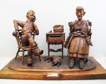 Vintage Folk Art Sculpture Male and Female Portrait Carving Large Figural Rustic Cabin Décor