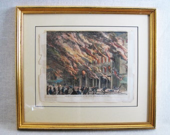 Framed Vintage Engraving of Chicago Fire and Architecture Hand Colored Original Fine Art