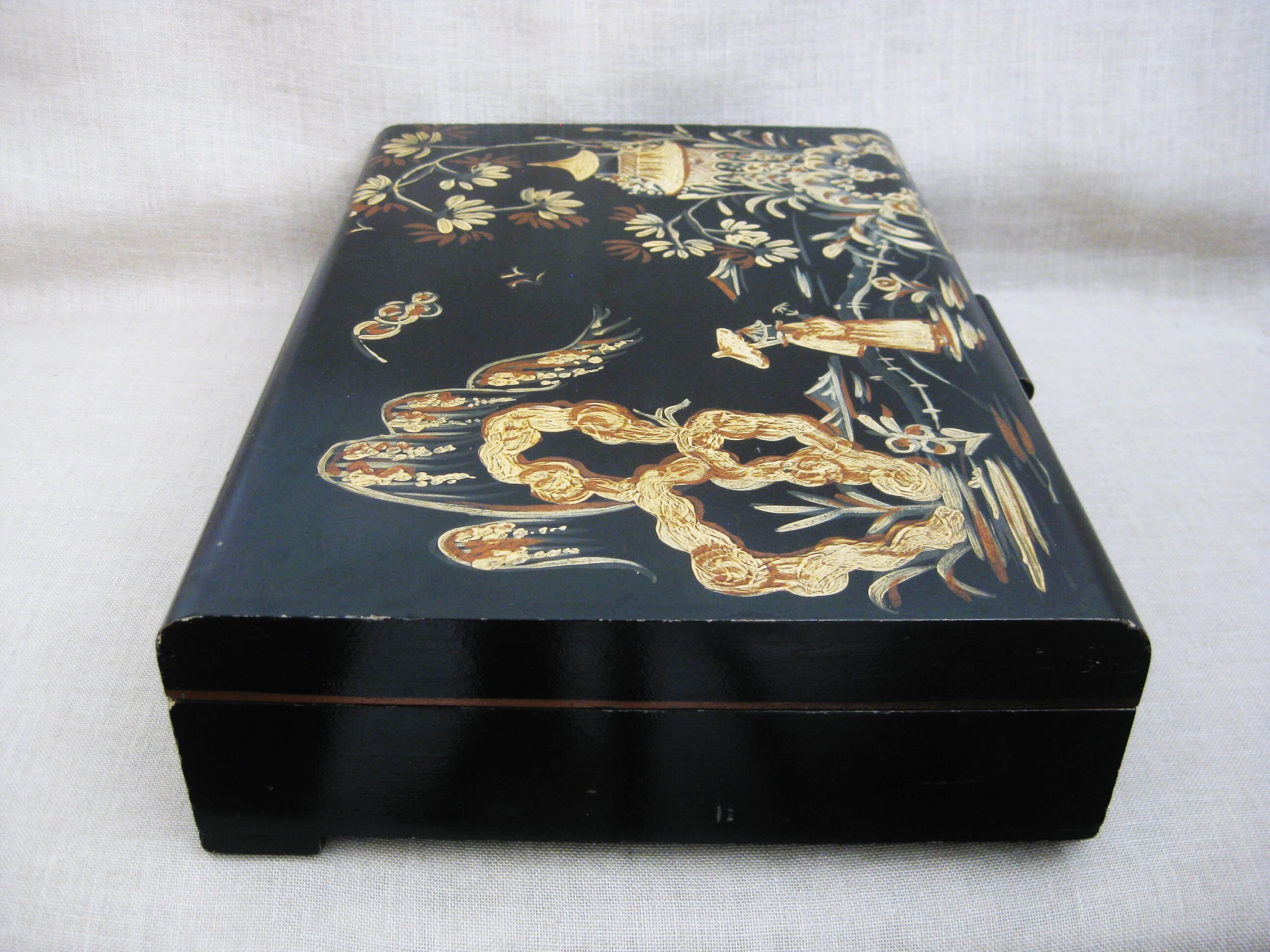 Vintage Asian Style Box, Tole Painted MultiPurpose Hand Painted