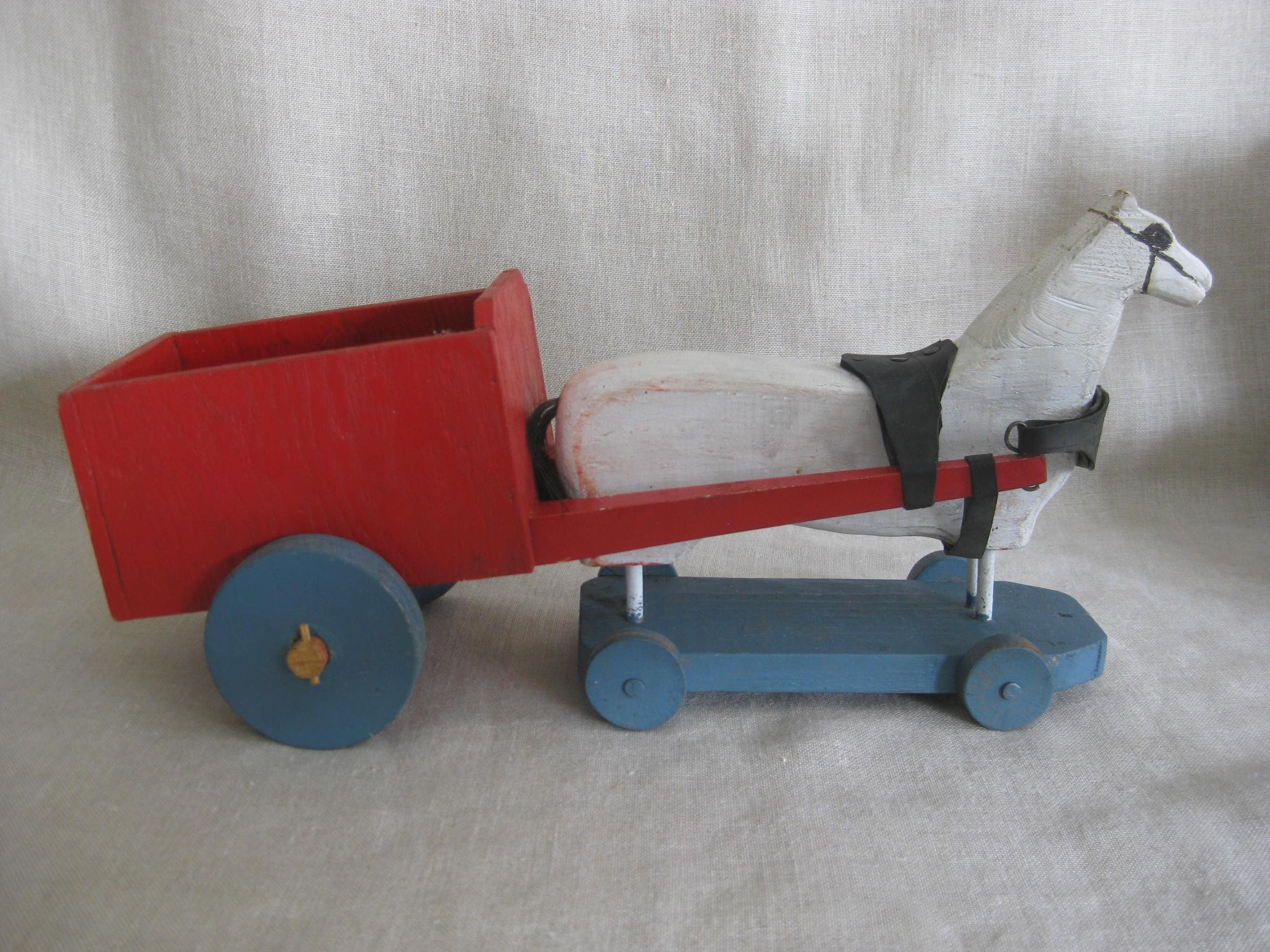 Vintage Folk Art Pull Toy, Horse and Cart, Handmade Wooden Toys