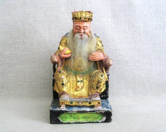 Chinese Immortals Male Figure Deity Carving, Portrait Wood Sculpture, Polychrome Elder w Beard Vintage Religious Housewarming Gift