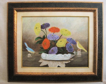 Colorful Floral Still Life Painting, Original Large Framed Birds Flower Wall Art Dining Room Home Décor