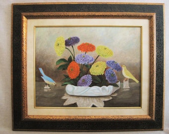 Vintage Flower Painting Floral Still Life with Birds Framed Original Fine Art Large Dining and Living Room Décor