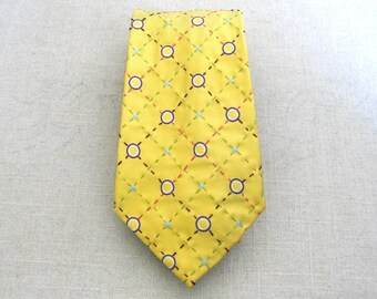 Men's Neck Ties, Yellow Silk Plaid Hand Embroidered, Vintage Neck Wear Up Cycled Preppy Gift