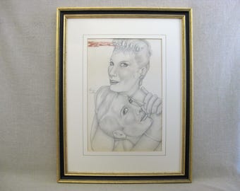 Mid-Century Drawing, Female Portrait Original Male Couple, Framed Vintage Wall Art Home Décor