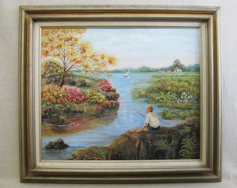 Large Vintage Landscape Painting of Boy by the Lake Framed Original Fine Art Signed Victoria Beihar