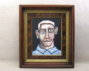 Original Surreal Male Portrait Painting, Framed Wall Art of Men, Home Décor Gift for Him