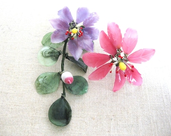 Pink and Purple Glass Flowers on Stem, Vintage Floral Supplies, Arts and Craft, Assemblage