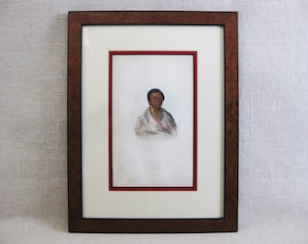 Antique Male Portrait Engraving, Original Framed Hand Colored of Chennok Boy, Indigenous People Fine Art Print