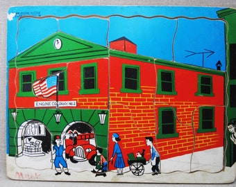 Fireman Jigsaw Puzzle, See Inside Firehouse, Vintage Creative Playthings Mid-Century Learning Toys