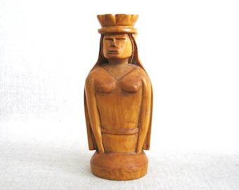 Female Folk Art Figure Sculpture Carving, Wooden Portrait Rustic Cabin Hostess Gift
