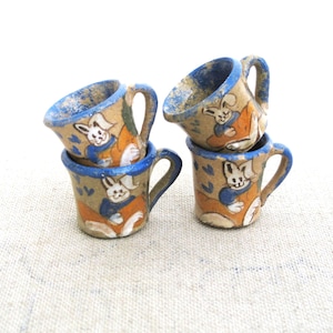 Miniature Doll Mug with Bunny Design, Vintage Ceramic Handmade Painted Cup, Rustic Dollhouse Home Décor