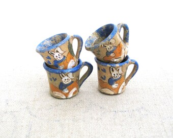 Miniature Doll Mug with Bunny Design, Vintage Ceramic Handmade Painted Cup, Rustic Dollhouse Home Décor